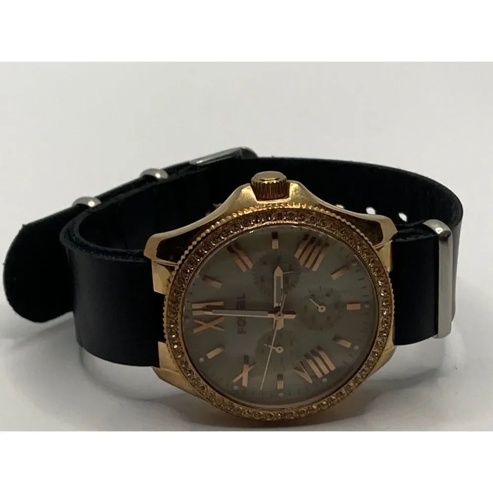 Fossil AM4616 Women's Black Leather Analog Beige Dial Quartz Wrist Watch RU263